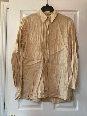 DKNY City 100% Linen Tan Button Up Down Tunic Shirt Blouse